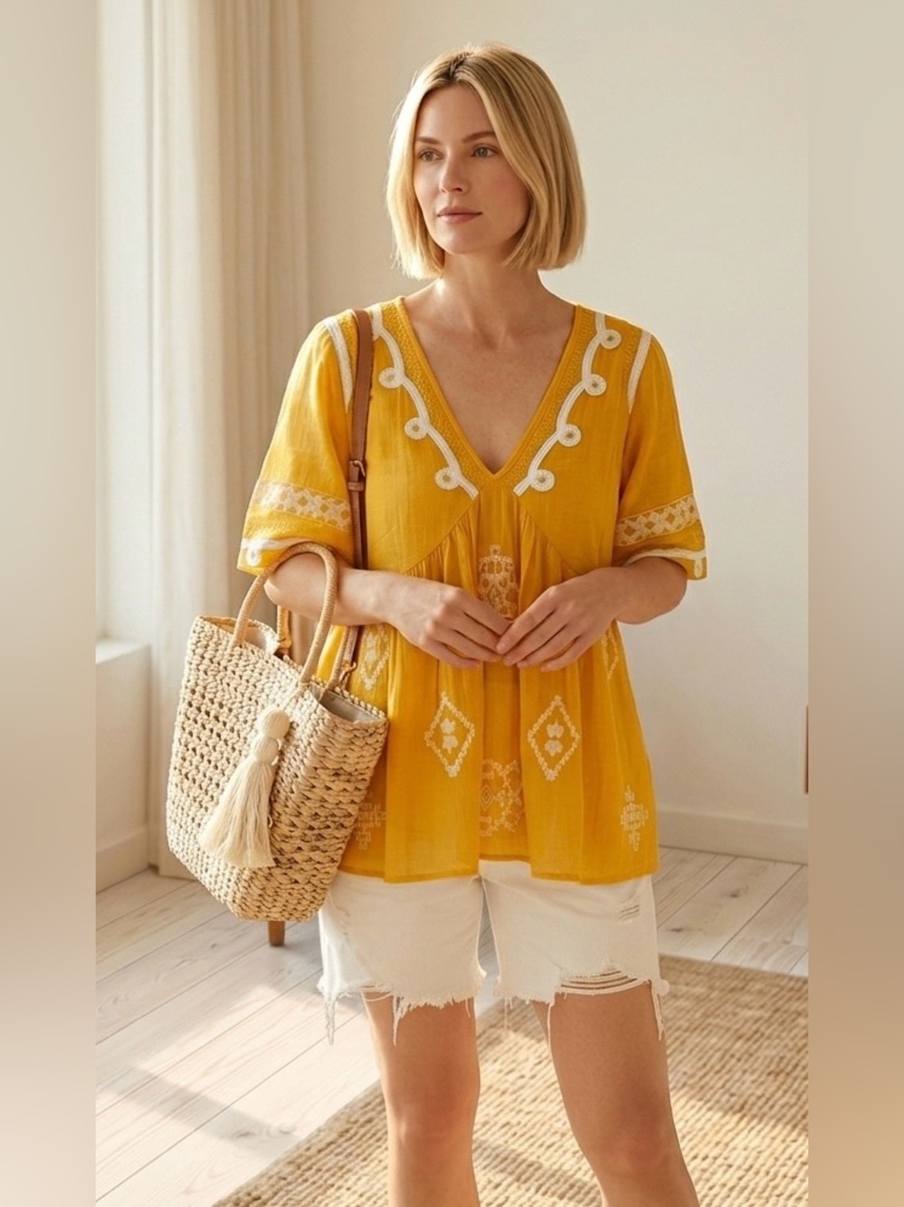 🤍 ZARA Boho Cover Up Cheese Gauze Textured Embroidery Yellow Blouse 5598/153